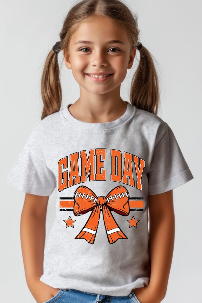 US3001Y-E3064Z Orange Game Day Football Bow Kids Graphic Tee $11