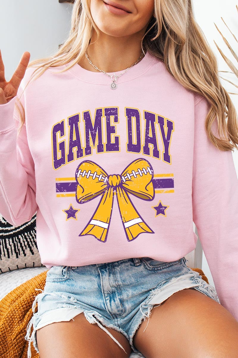 UL180P-E3063 Purple Game Day Football Bow Plus Sweatshirt $25