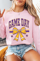 UL180P-E3063 Purple Game Day Football Bow Plus Sweatshirt $25