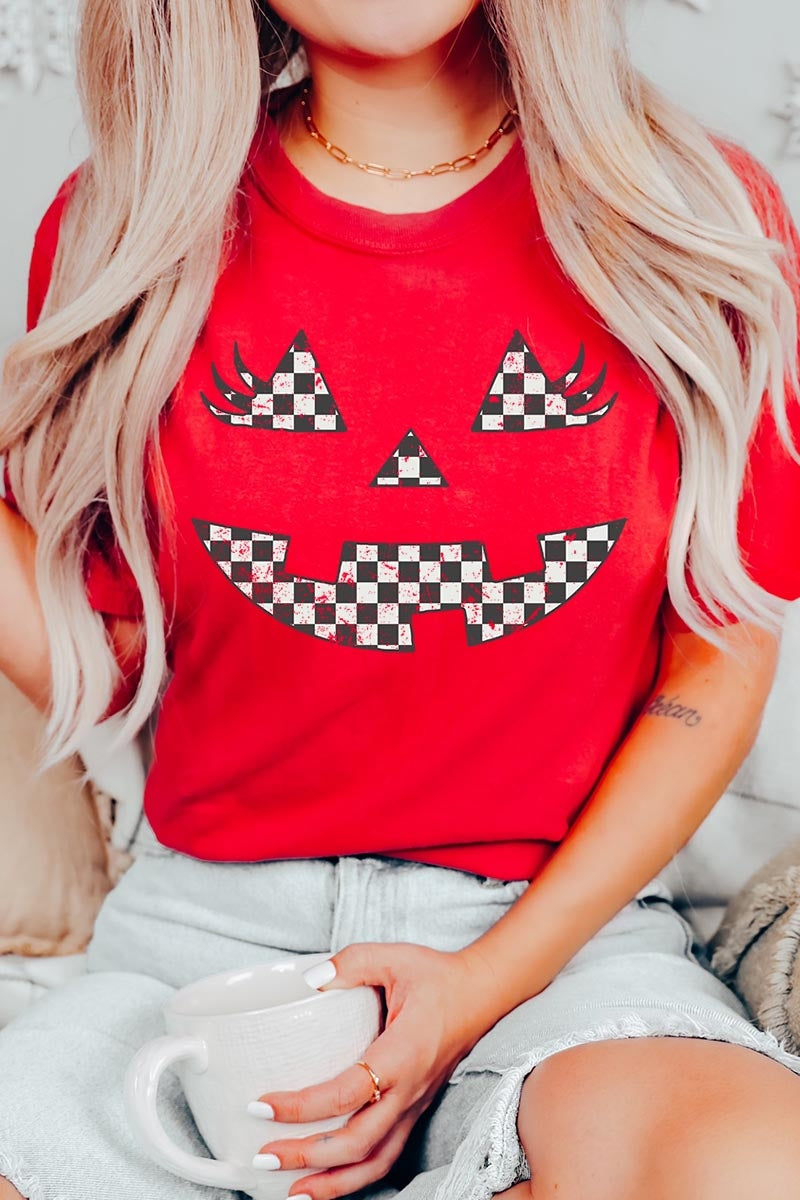 US3001-E3149 Checker Pumpkin Face Graphic Tee $12.5