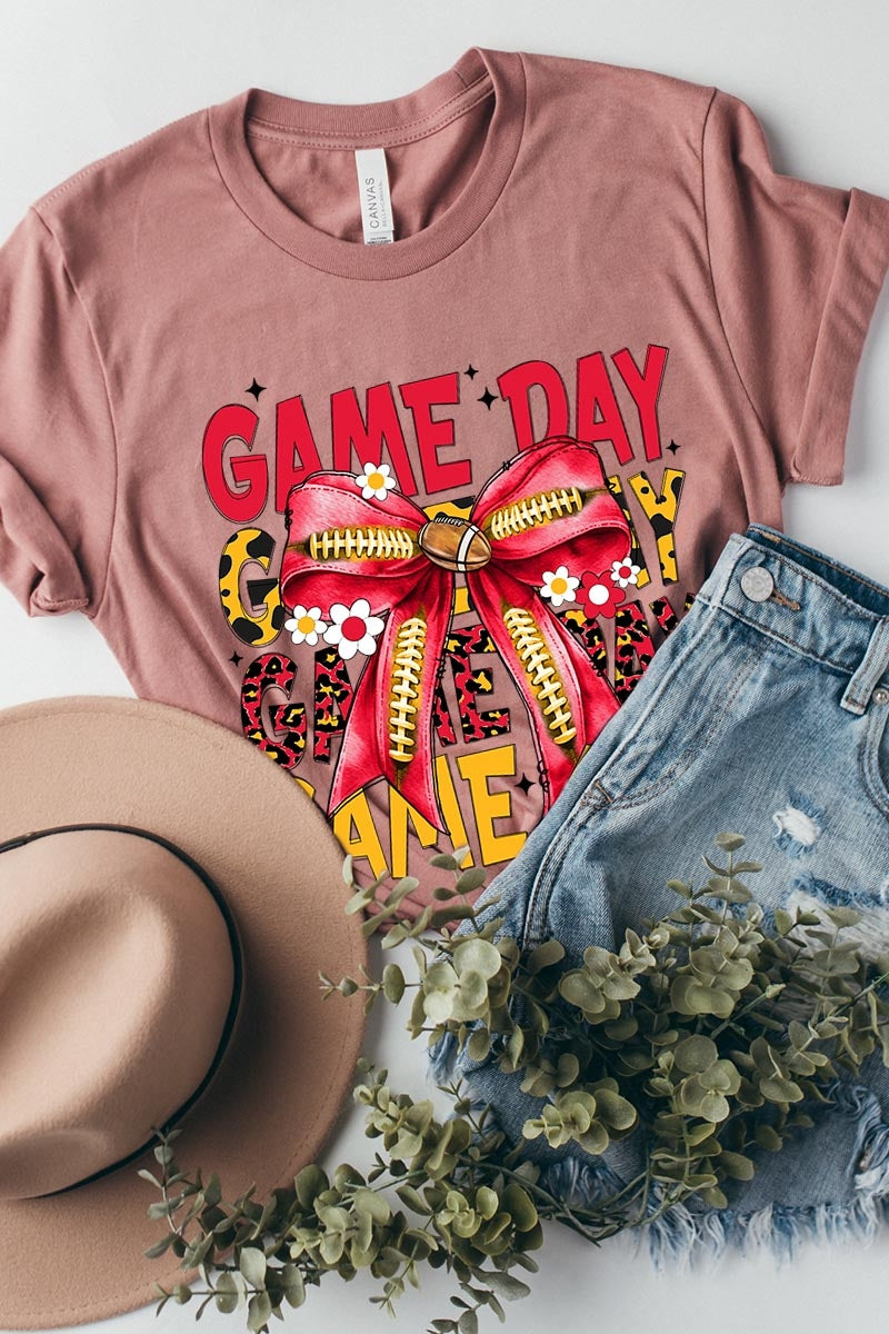 US3001P-E3091 Red Yellow Football Game Day Bow Graphic Plus Tee $16