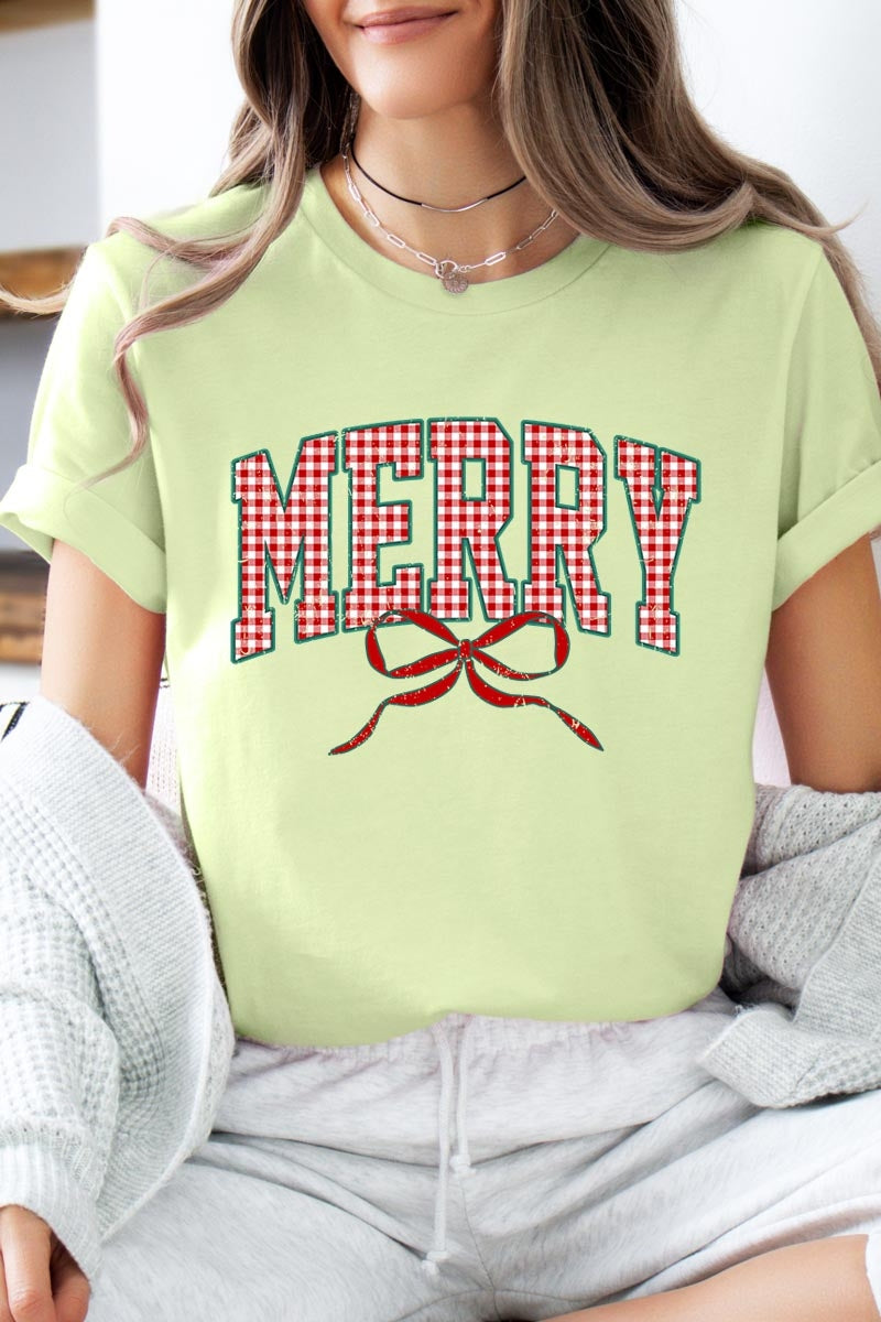 US3001-E3206 Plaid Merry Christmas Bow Graphic Tee $12.5
