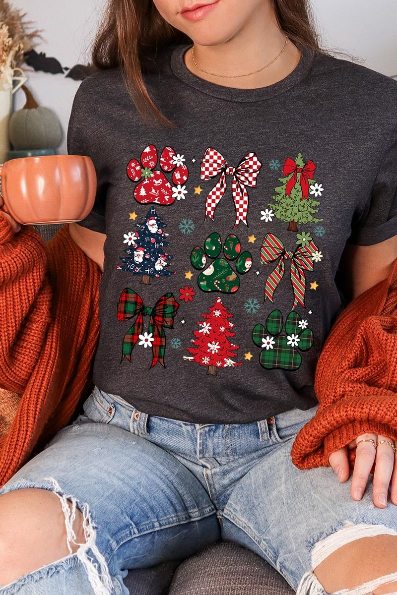 US3001-E3195 Christmas Bow Paw Graphic Tee $12.5