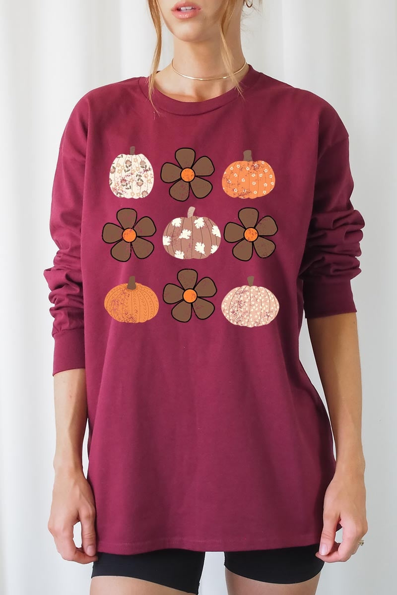 UL240-E3117 Pumpkins & Flowers Fall Graphic Long Sleeve Tee $13.75