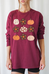 UL240-E3117 Pumpkins & Flowers Fall Graphic Long Sleeve Tee $13.75