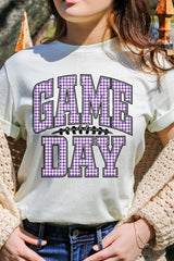US3001-E3127 Purple Gingham Game Day Graphic Tee $12.5
