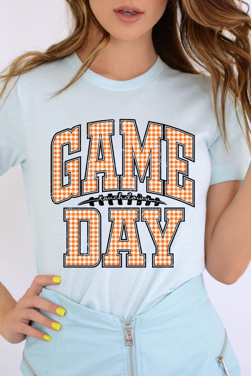 US3001-E3129 Orange Gingham Game Day Graphic Tee $12.5
