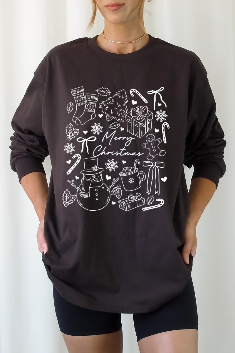 UL240P-E3181 Christmas Doodle Graphic Plus Long Sleeve Tee $17