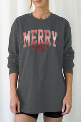 UL240P-E3206 Plaid Merry Christmas Bow Graphic Plus Long Sleeve Tee $17