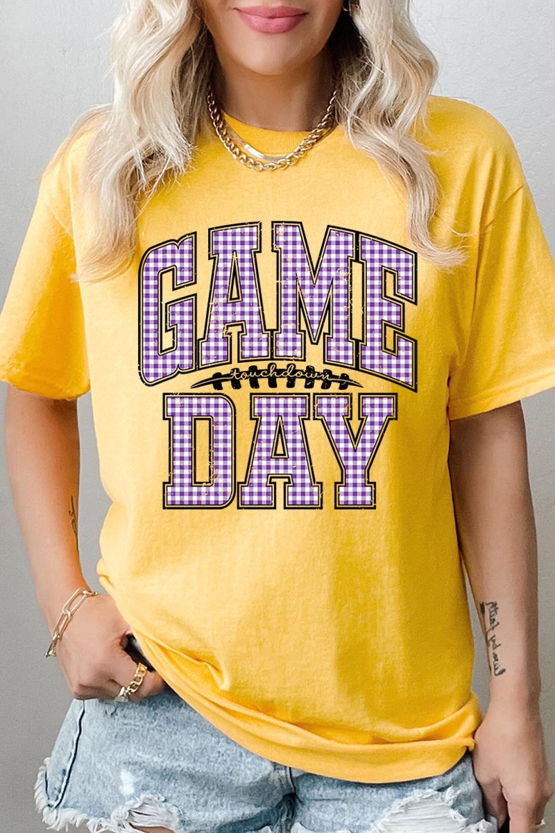5000-E3127 Purple Gingham Game Day Graphic Heavy Cotton Tee $9