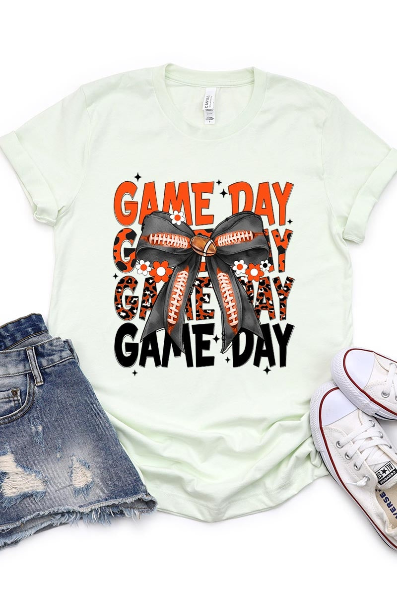 US3001-E3088 Orange Black Football Game Day Bow Graphic Tee $12.5