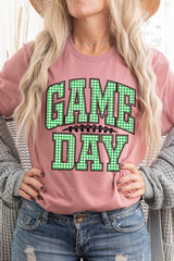 US3001-E3128 Green Gingham Game Day Graphic Tee $12.5