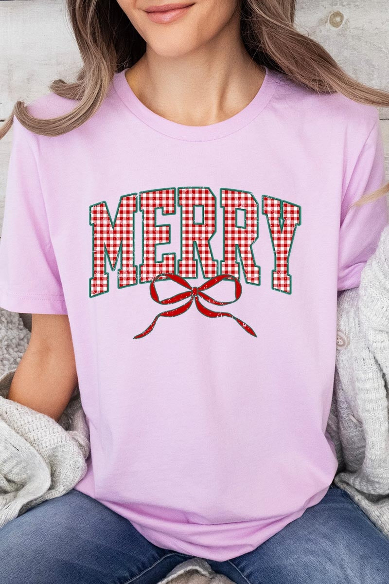 US3001-E3206 Plaid Merry Christmas Bow Graphic Tee $12.5