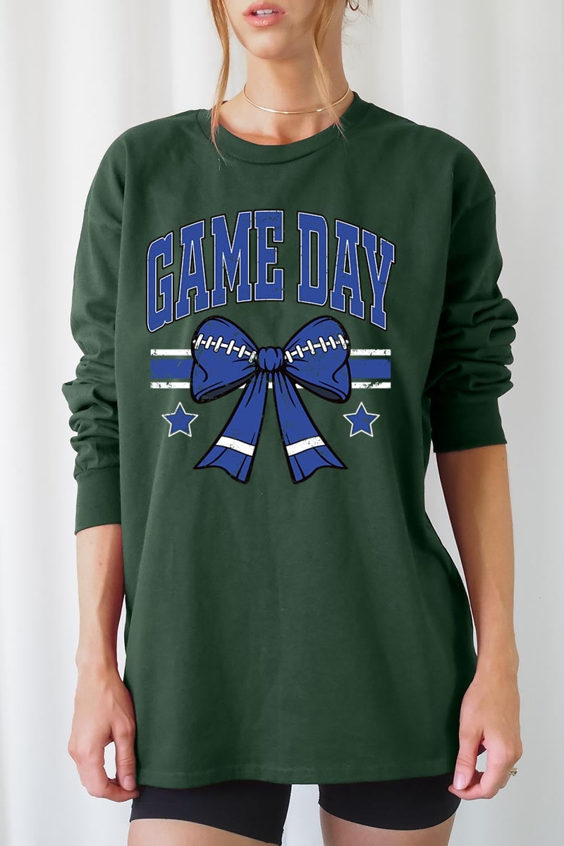 UL240P-E3065 Blue Game Day Football Bow Plus Long Sleeve Tee $17