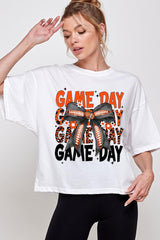 CTS-E3088 Orange Black Football GameDay Bow Relaxed Crop Top $11