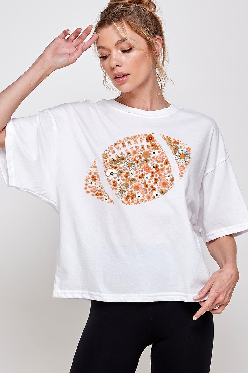 CTS-E3133 Floral Football Graphic Relaxed Crop Top $11