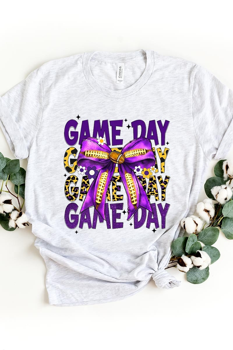 US3001-E3092 Purple Yellow Football Game Day Bow Graphic Tee $12.5