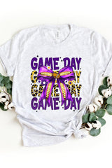 US3001-E3092 Purple Yellow Football Game Day Bow Graphic Tee $12.5
