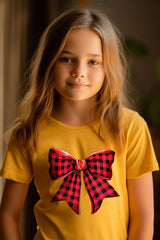US3001Y-E3198Z Red Buffalo Plaid Bow Kids Graphic Tee $11