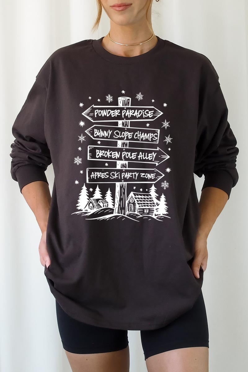 UL240P-E3189 Ski Lodge Signs Graphic Plus Long Sleeve Tee $17
