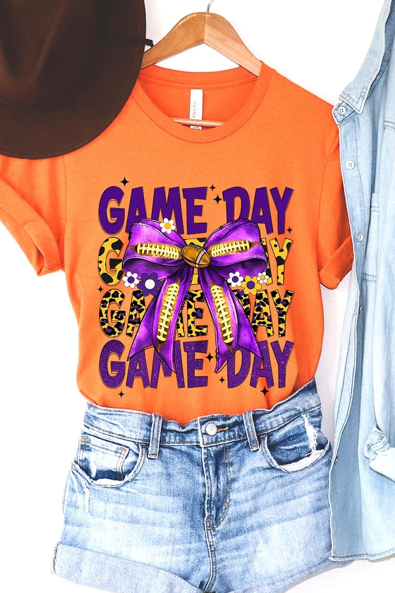 US3001P-E3092 Purple Yellow Football Game Day Bow Plus Tee $16