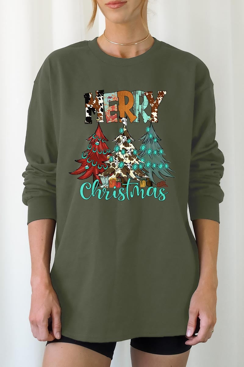 UL240P-E3200 Merry Christmas Trees Graphic Plus Long Sleeve Tee $17
