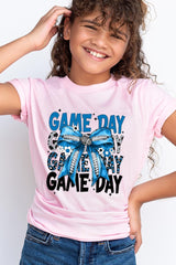 US3001Y-E3089Z Blue Silver Football Game Day Bow Kids Graphic Tee $11
