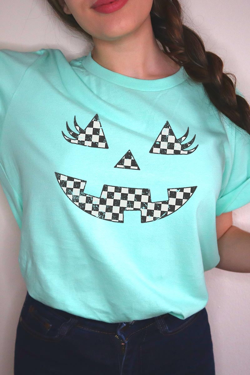 US3001P-E3149 Checker Pumpkin Face Graphic Plus Tee $16