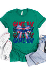 US3001-E3087 Red Blue Football Game Day Bow Graphic Tee $12.5