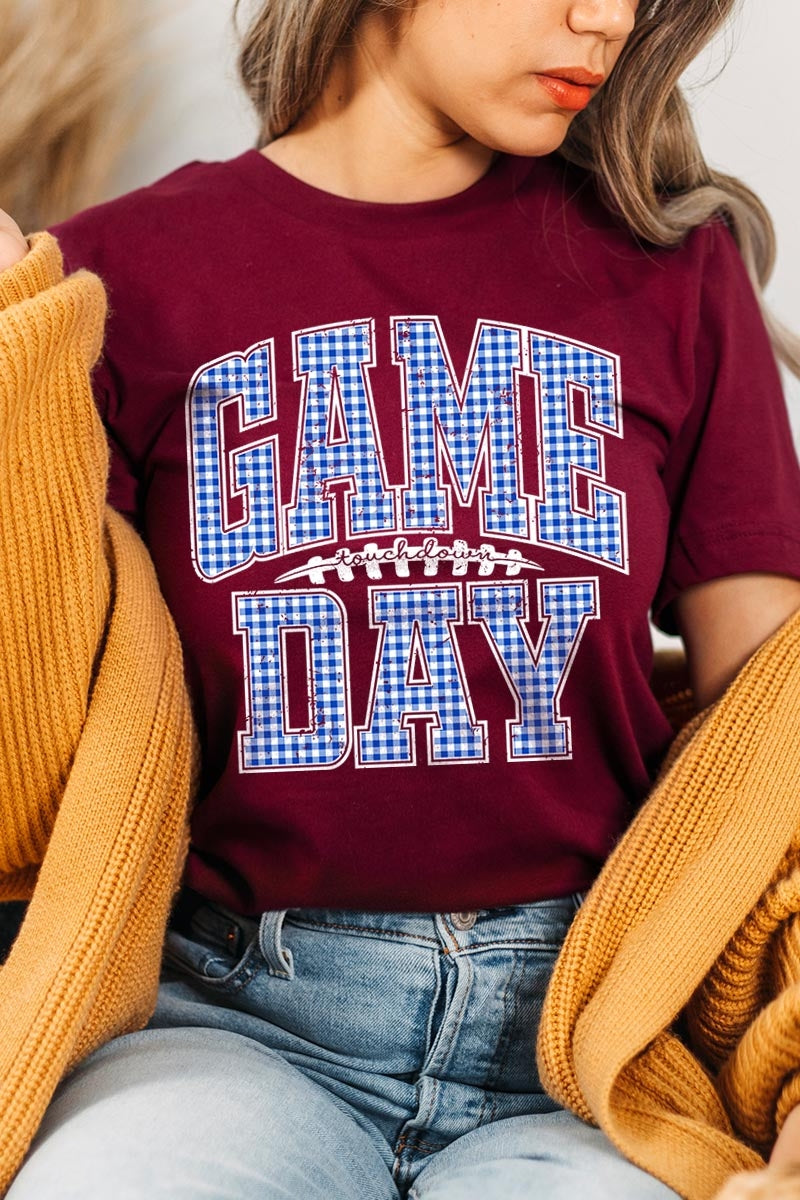 US3001-E3130 Blue Gingham Game Day Graphic Tee $12.5