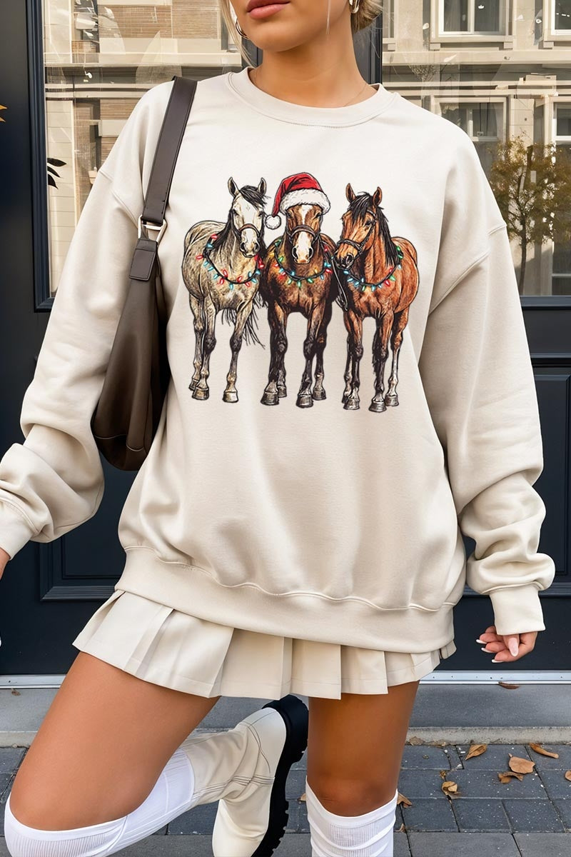 UL180P-E3182 Christmas Horses Graphic Plus Sweatshirt $25