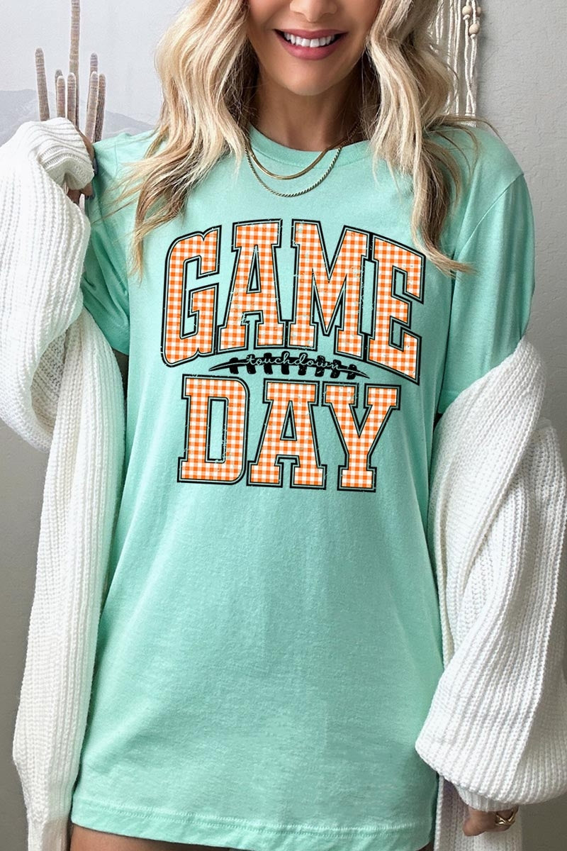 US3001P-E3129 Orange Gingham Game Day Graphic Plus Tee $16