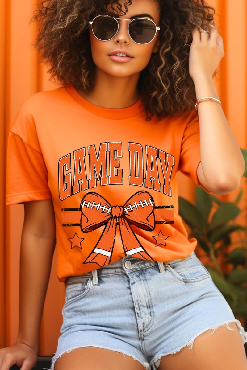 US3001-E3064 Orange Game Day Football Bow Graphic Tee $12.5