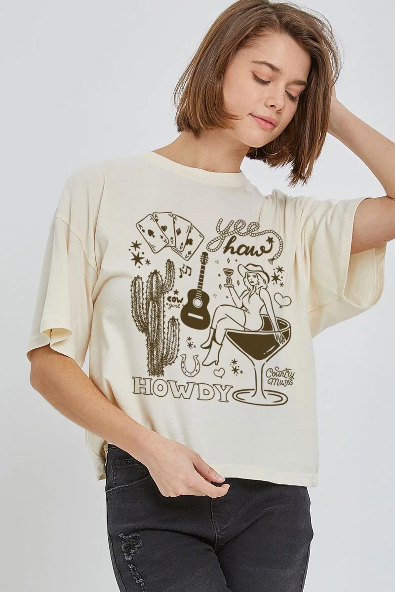 CTS-E3097 Cowgirl Country Music Graphic Relaxed Crop Top $11