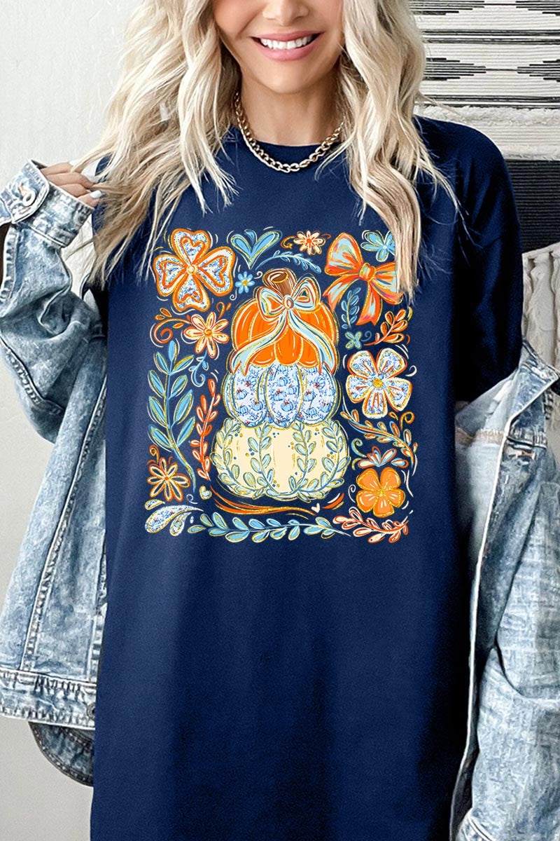 5000-E3153 Floral Pumpkin Stack Graphic Heavy Cotton Tee $9