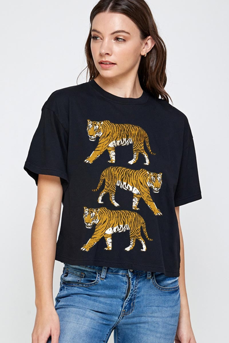 CTS-E3104 Retro Tigers Graphic Relaxed Crop Top $11