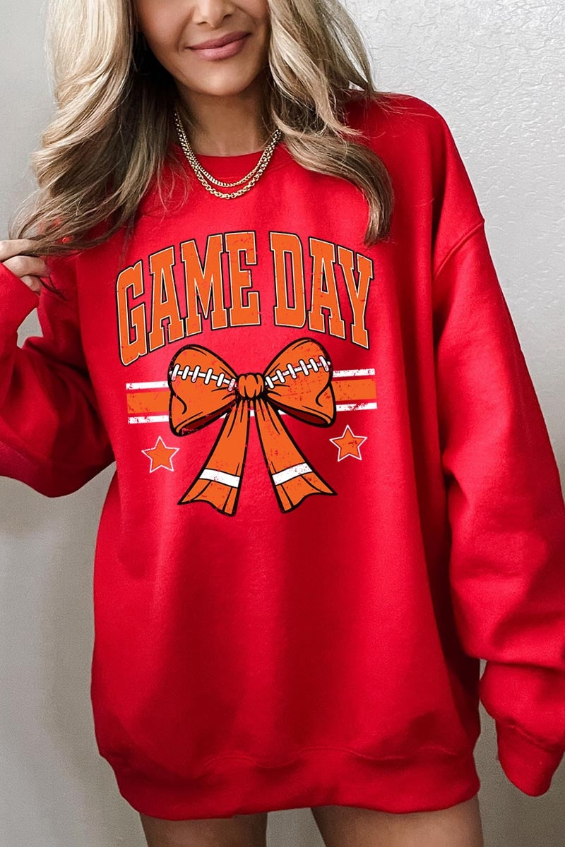 UL180P-E3064 Orange Game Day Football Bow Plus Sweatshirt $25