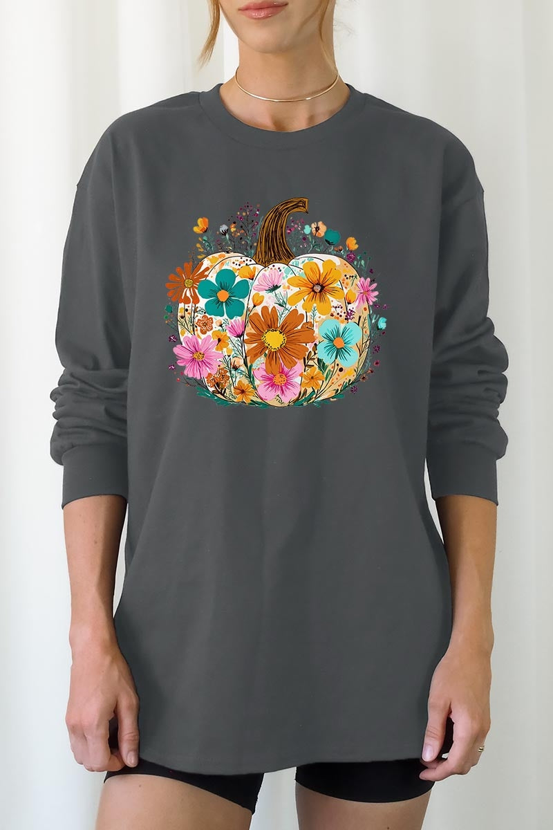 UL240-E3118 Floral Pumpkin Graphic Long Sleeve Tee $13.75