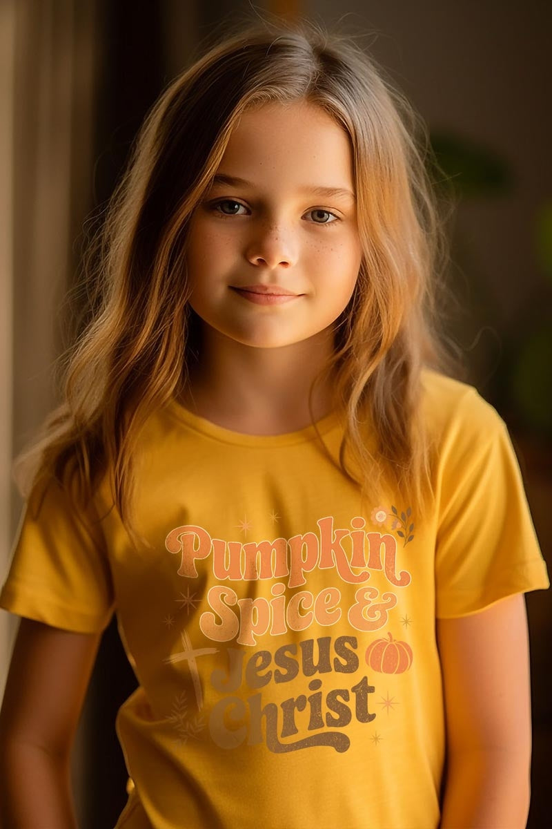 US3001Y-E3164Z Pumpkin Spice & Jesus Kids Graphic Tee $11