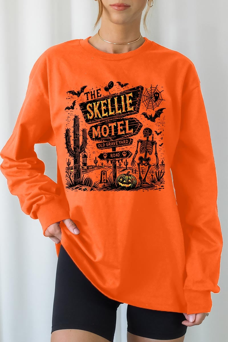 UL240-E3108 Skellie Motel Halloween Graphic Long Sleeve Tee $13.75