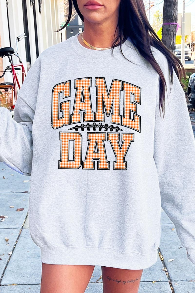 UL180P-E3129 Orange Gingham Game Day Graphic Plus Sweatshirt $25