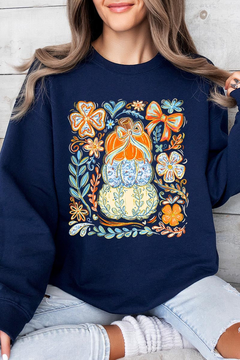 UL180P-E3153 Floral Pumpkin Stack Graphic Plus Sweatshirt $25