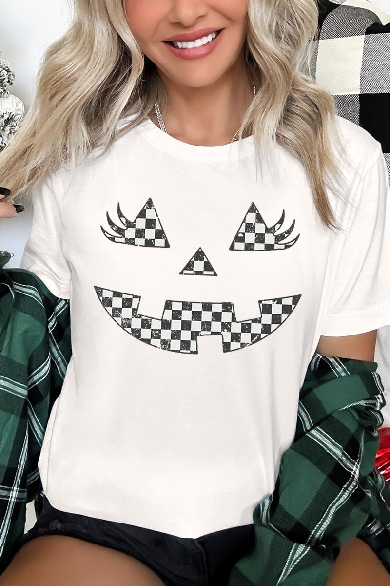 US3001-E3149 Checker Pumpkin Face Graphic Tee $12.5