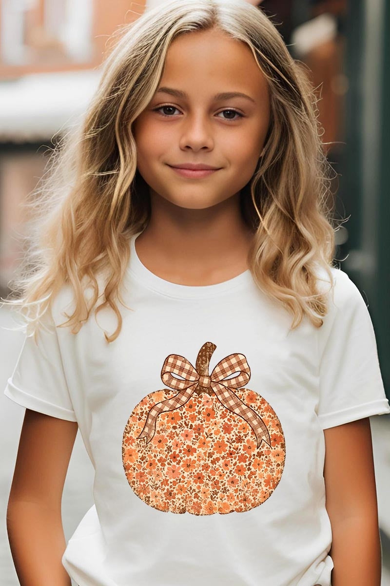 US3001Y-E3135Z Floral Fall Pumpkin Kids Graphic Tee $11