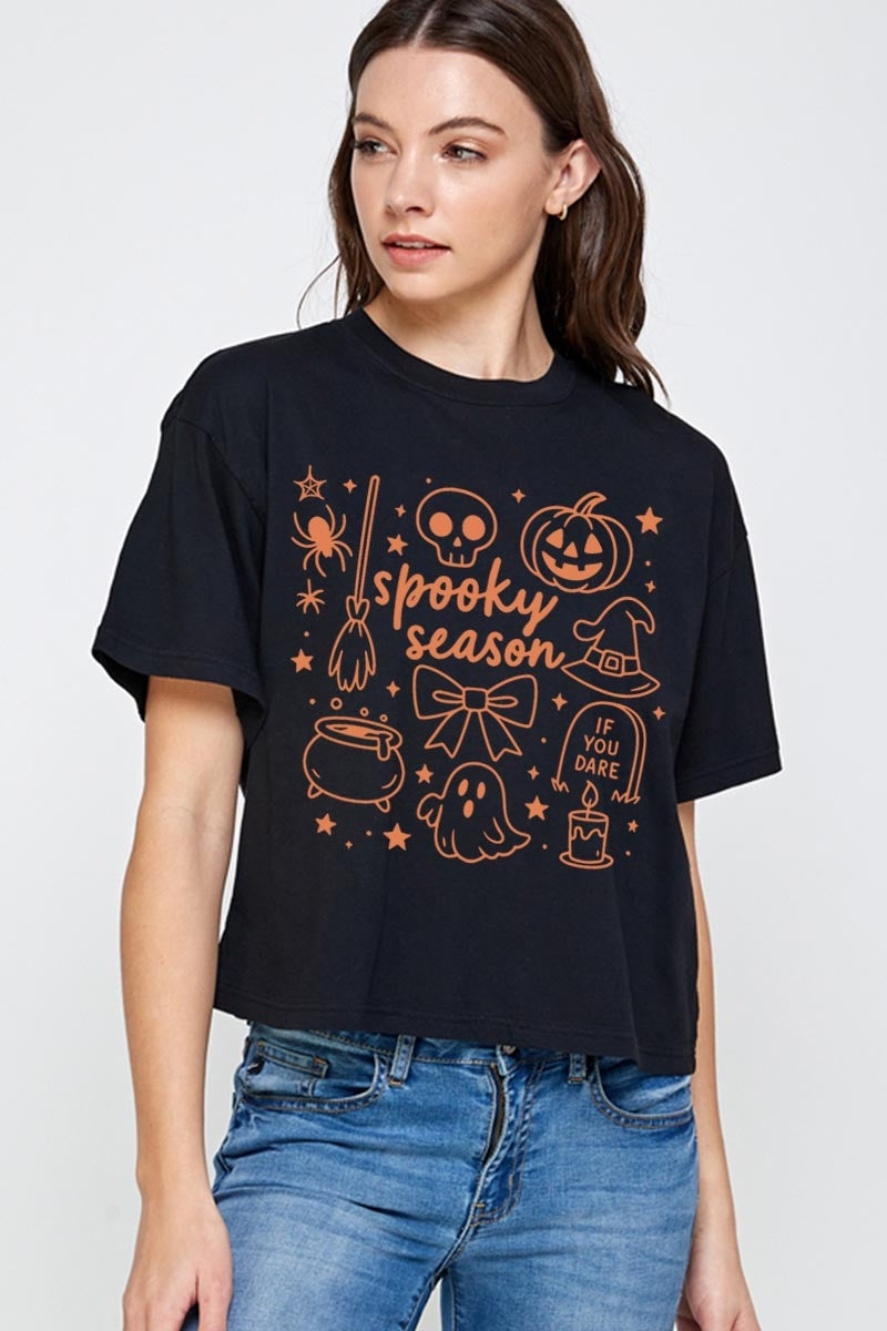 CTS-E3141 Halloween Doodle Graphic Relaxed Crop Top $11