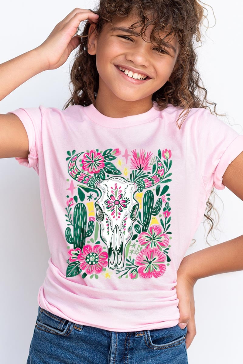 US3001Y-E3086Z Western Floral Cow Skull Kids Graphic Tee $11