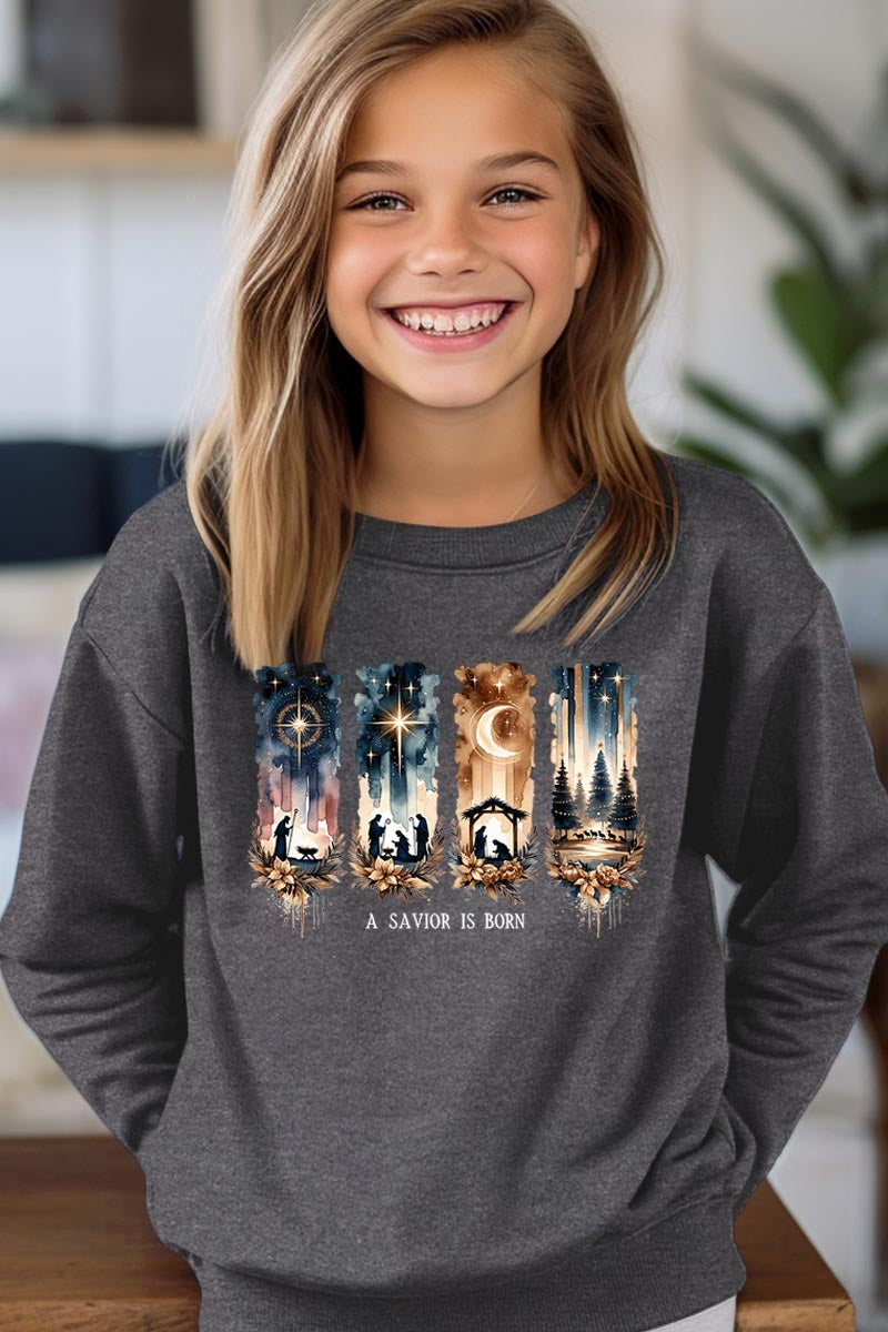 UL180B-E3204Z Savior Is Born Nativity Kids Graphic Sweatshirt $20