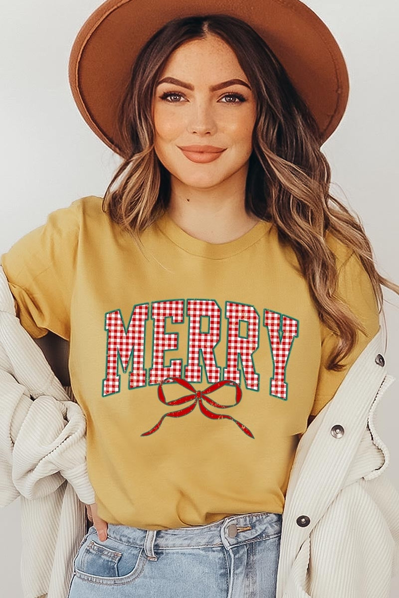 US3001-E3206 Plaid Merry Christmas Bow Graphic Tee $12.5