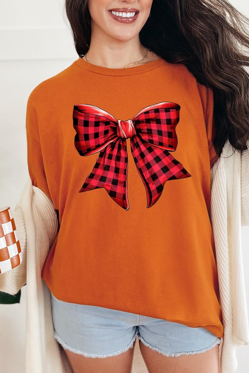 5000-E3198 Red Buffalo Plaid Bow Graphic Heavy Cotton Tee $9