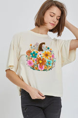 CTS-E3118 Floral Pumpkin Graphic Relaxed Crop Top $11
